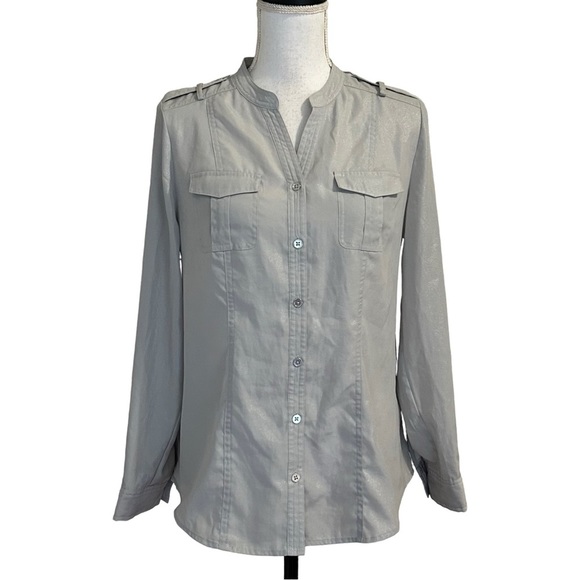 Chico’s Long Sleeve Button Down Collarless Shirt Women’s SZ Small Gray Career - Picture 1 of 8
